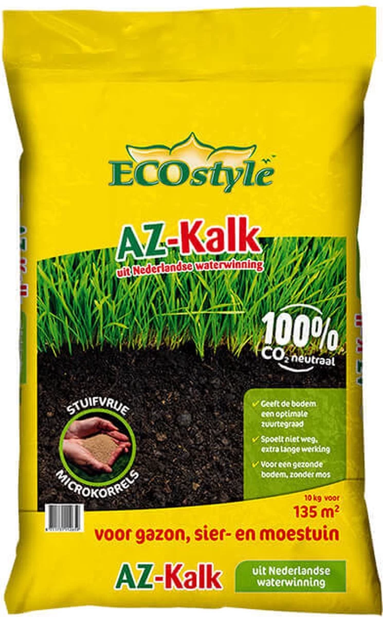 ECOstyle AZ Kalk Micro Korrel – Voor Gazon, Sier- En Moestuin - Corrigeert Zuurgraad Direct En Langdurig - Werkt Tegen Mos - CO2-Neutraal – 135 M² - 10 KG