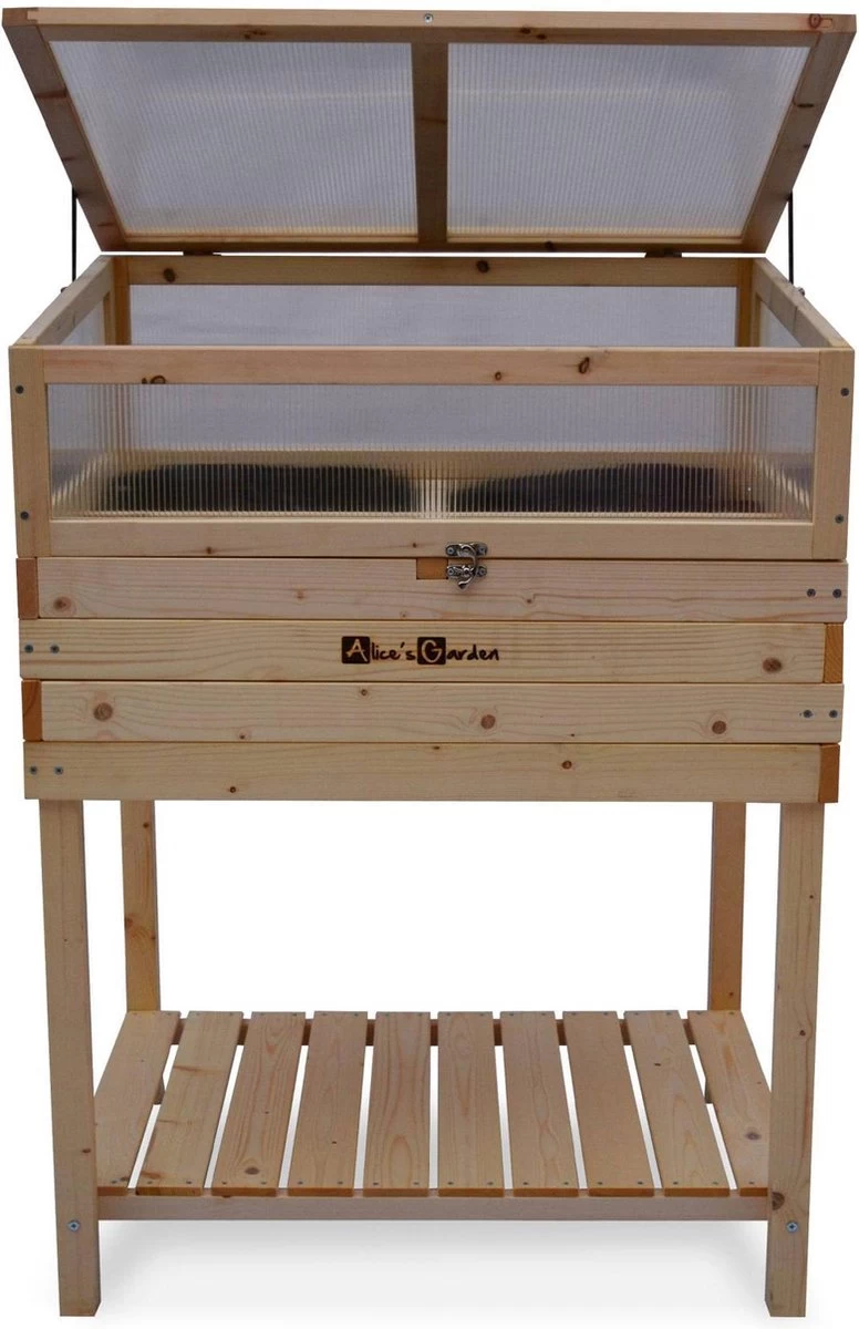 Houten Moestuinbak Op Poten En Verwijderbare Serre Van Polycarbonaat, ERABLE, 2 In 1, Met Plank En Geotextiel, 80 X 60 X 109 Cm - Afbeelding 2