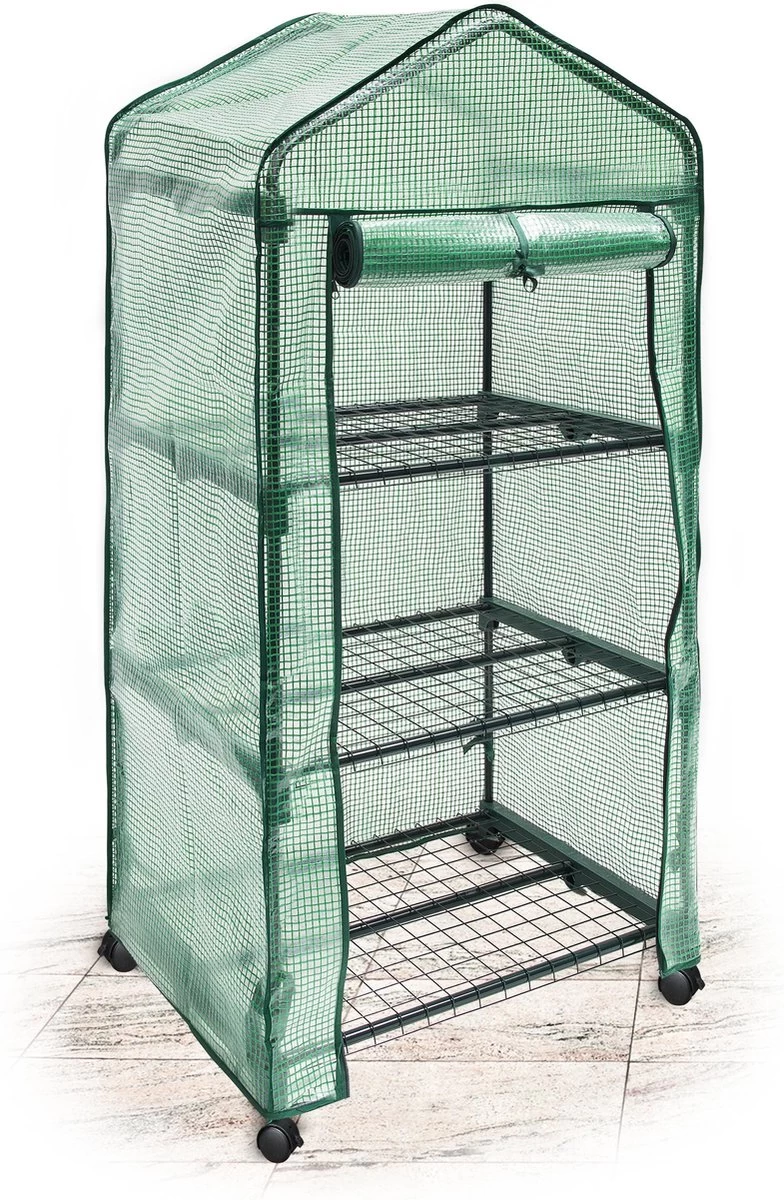 Relaxdays Kas Met Wielen - Tuinkas 3 Etages - Broeikas Kweekkas Tuin / Balkon 130 Cm Hoog - PE