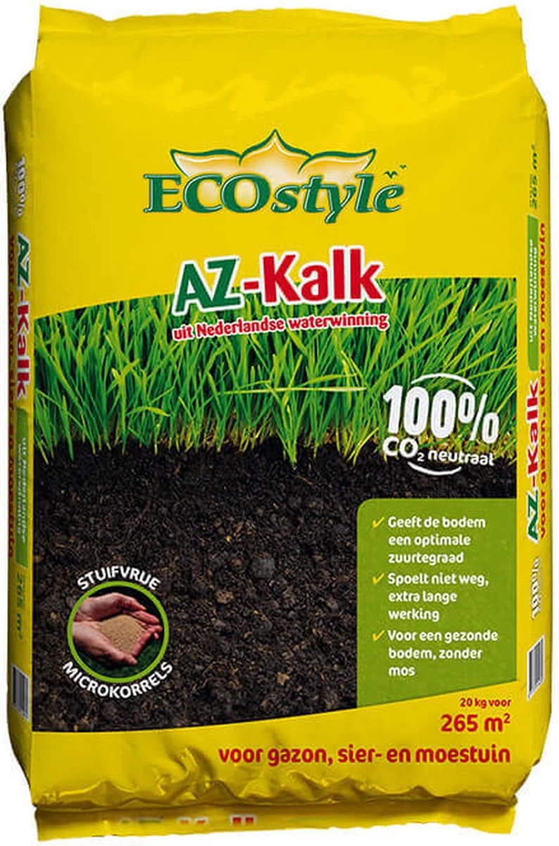 ECOstyle AZ Kalk Micro Korrel – Voor Gazon, Sier- En Moestuin - Corrigeert Zuurgraad Direct En Langdurig - Werkt Tegen Mos - CO2-Neutraal – 265 M² - 20 KG