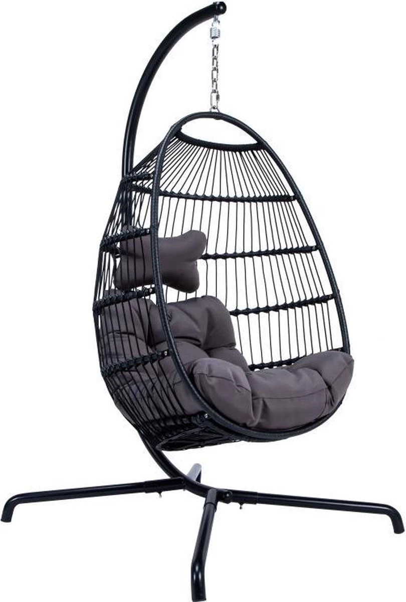 Merkloos Hangstoel Norway - Zwart Wicker & Touw Luxe Egg Hangstoel Met Dikke Antraciete Kussens Met Frame - Inklapbare Basket