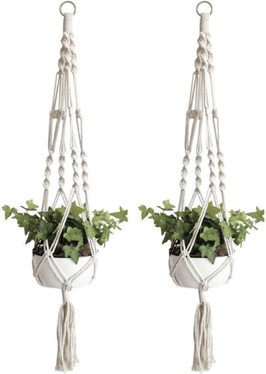 Merkloos Plantenhanger Macramé - Luxe Gevlochten Touw Katoen - 2 Stuks - Plantenpot Ophangen