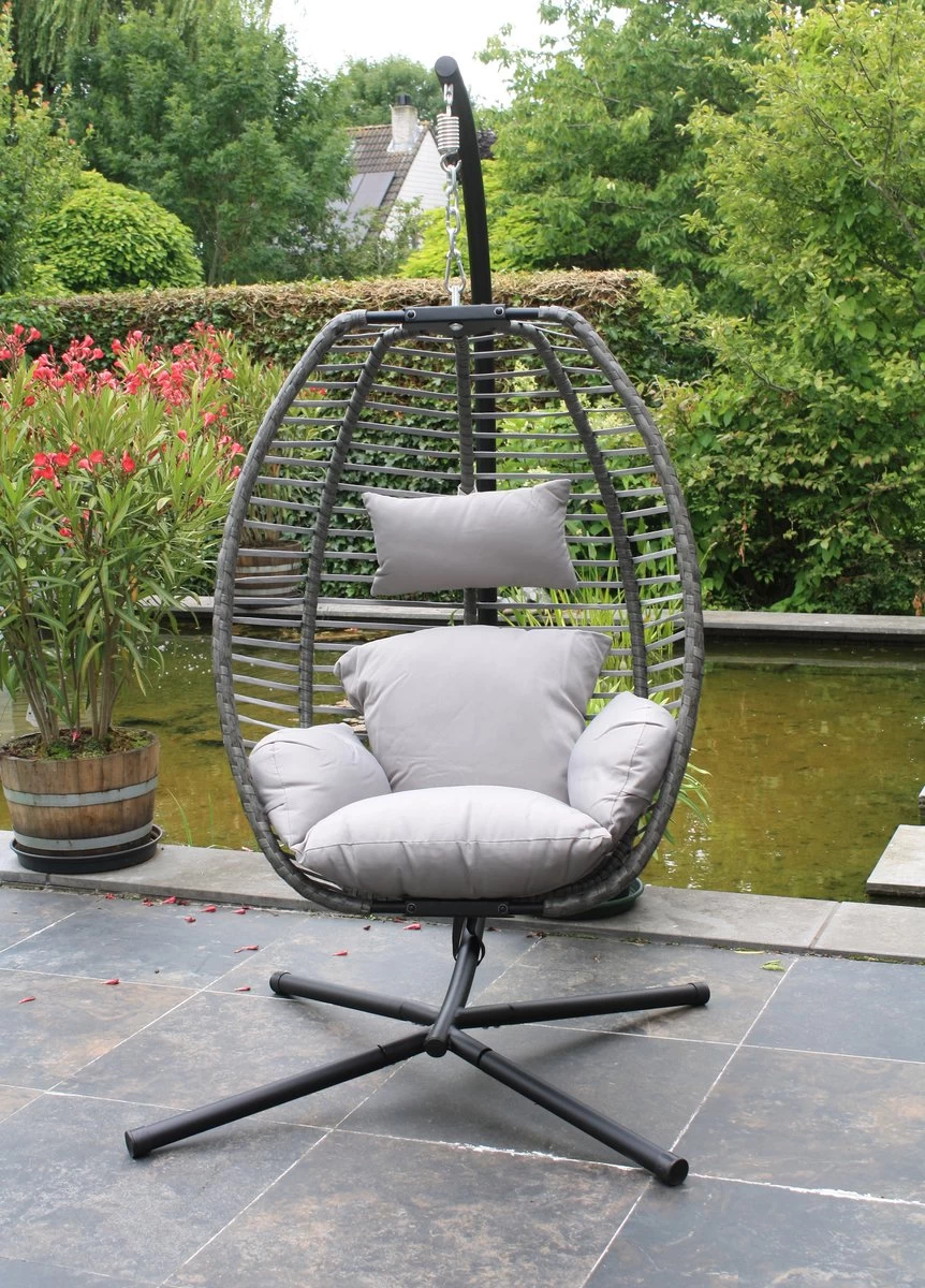 Pro Garden Lowander Hangstoel Egg 191x126x126- Schommelstoel Met Rattan Cocoon En Robuust Stalen Standaard Incl. Kussens - Volledig Inklapbaar - Lichtgrijs - Afbeelding 5