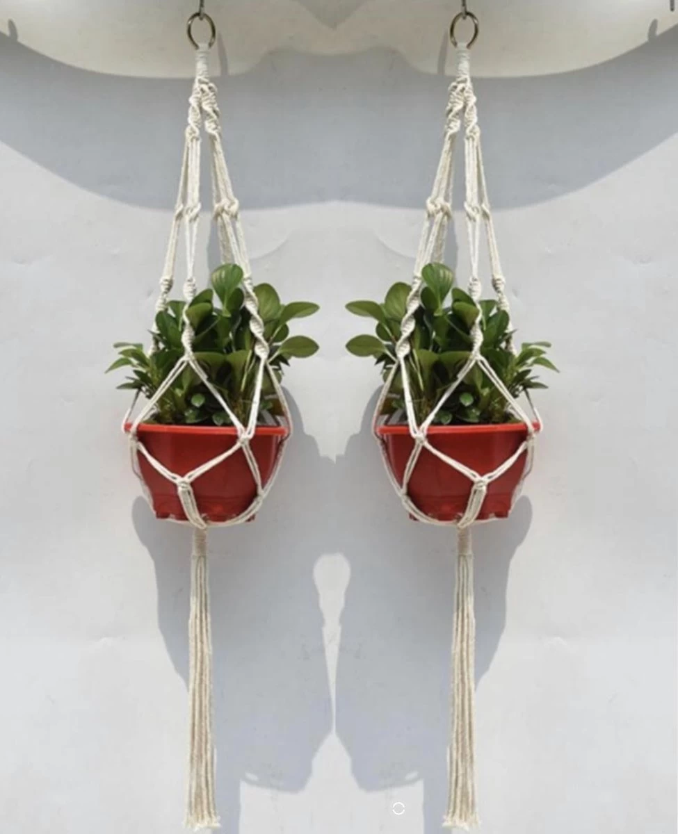 Merkloos Plantenhanger Macramé - Luxe Gevlochten Touw Katoen - 2 Stuks - Plantenpot Ophangen - Afbeelding 4